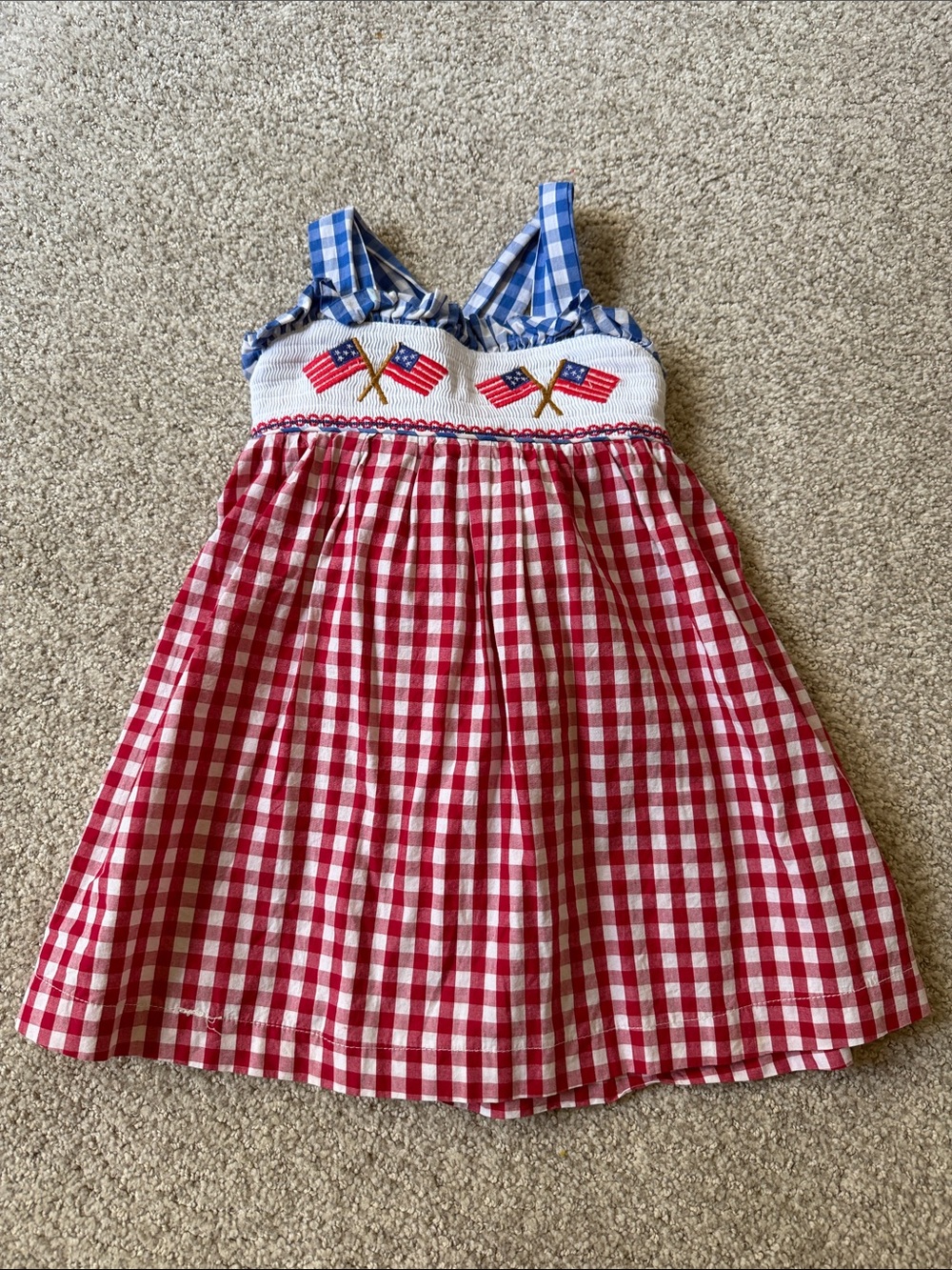 Lil Cactus Patriotic Red & Blue Gingham Smocked Kids Dress